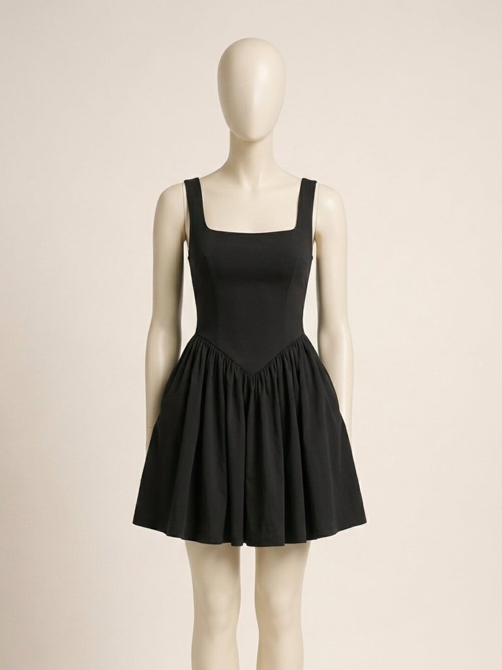 OYS Black Square Neck A-Line Mini Dress Sleeveless Ruffle Hem Pockets S